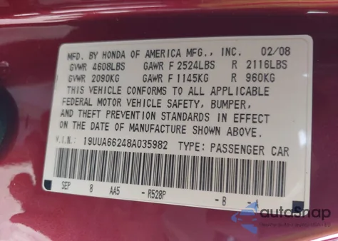2008 Acura Tl 3.2 z USA, uszkodzony, nr VIN 19UUA66248A035982